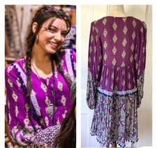 ISHKA Paisley Purple Boho Winter Long Sleeve Smock Mini Dress Size Small