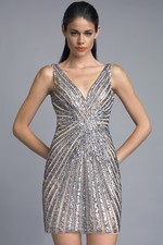 Sequined Sunburst V-Neck Cocktail Dress