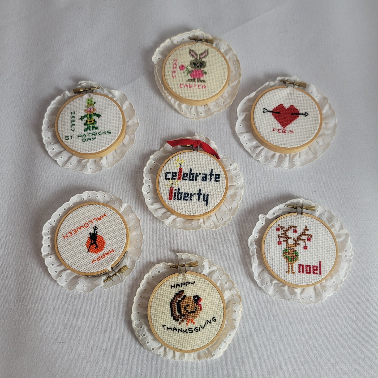 Vintage Counted Cross Stitch Year Round Holiday Round Hoop Ornament Art 7 Pcs