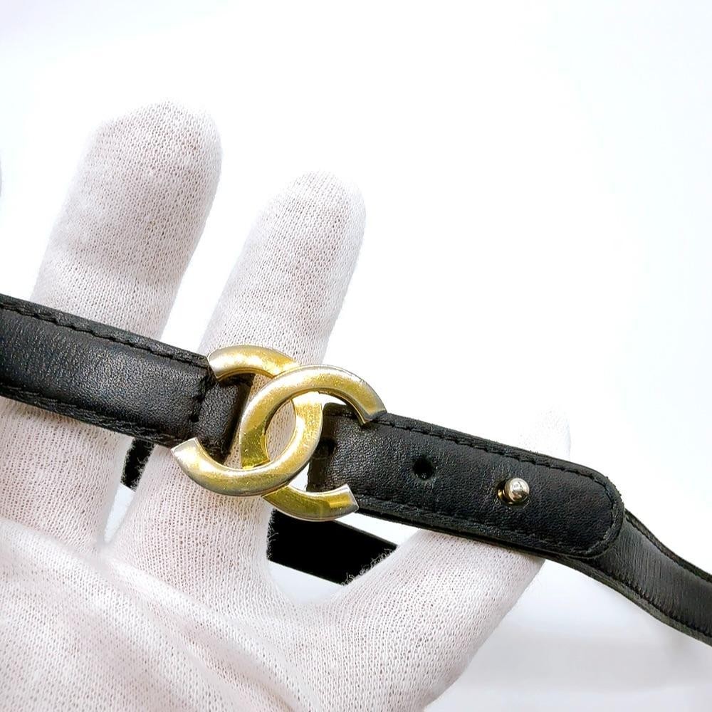 Auth CHANEL Vintage Black Leather Belt 65 Gold Coco Mark