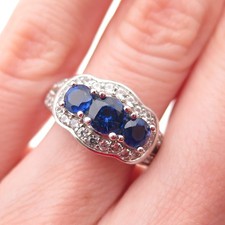 925 Sterling Silver Real Round-Cut Sapphire  White Topaz Ring Size 6
