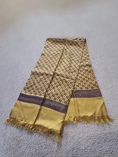 Silk scarf Pearl Shanghai hand rolled. Gold w design and shag. Vtg. 50 x 11