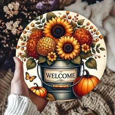  Pumpkin Bouquet Tin Metal Sign Wall Art Round for Bar Cafe 8x8