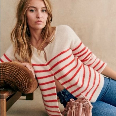 SEZANE Gaspard Cashmere Striped Red Ecru Sweater Cardigan Sz L