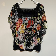 APT 9 Womens Large Multicolor Floral Blouse Sheer Draped Overlay Black Camisole