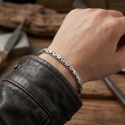 Men's 925 Sterling Silver Matte Handmade Byzantine Chain Bracelet