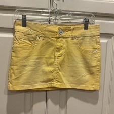 Vintage Y2K Butter Yellow Stretch Denim White Stitching Ultra Mini Skirt Wm/Jr