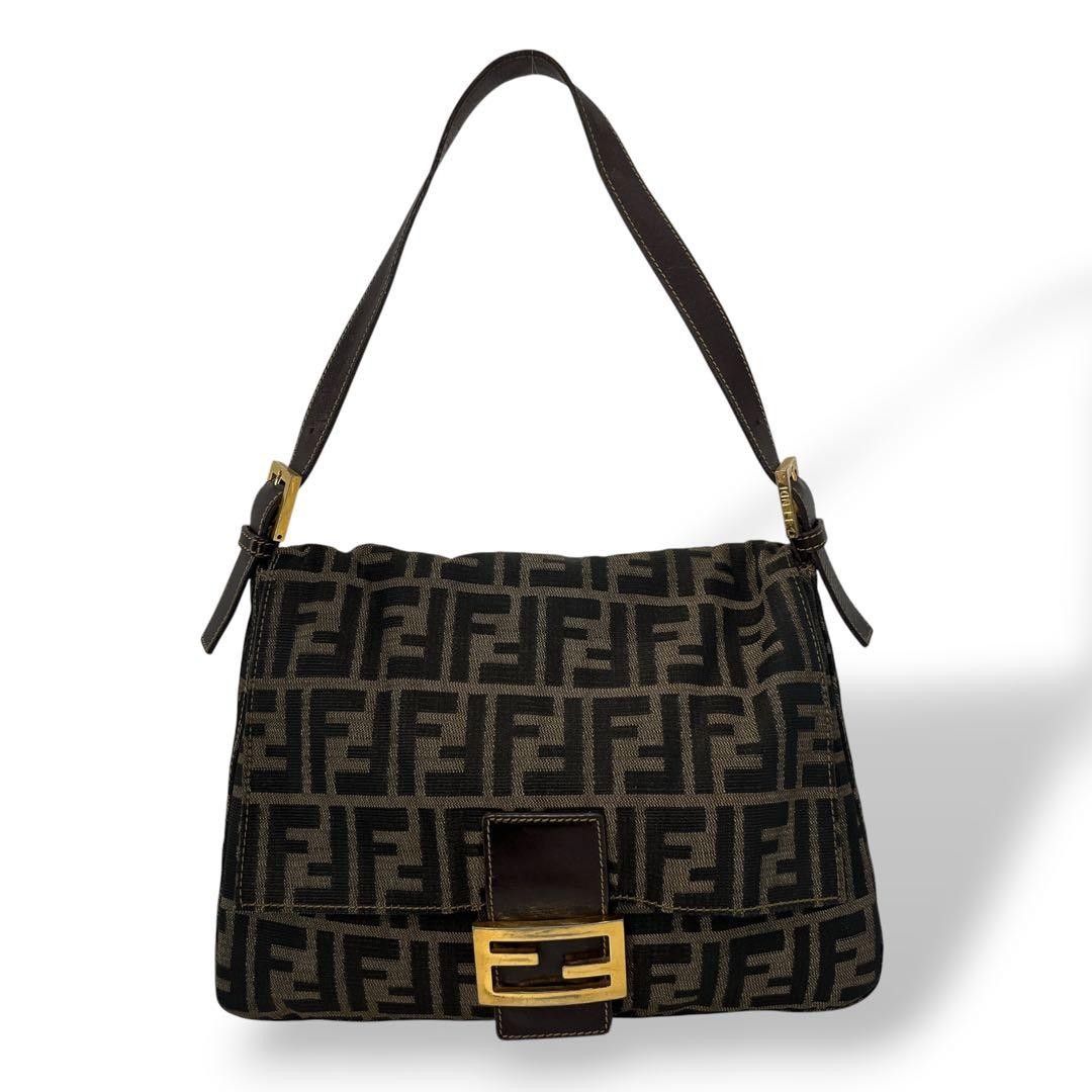 FENDI Zucca Mamma Baguette Shoulder Bag Brown Canvas Leather Gold