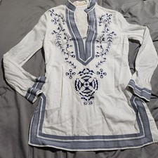 Tory Burch Embroidered Tunic Top White Blue Cotton Boho Split Neck Size 0