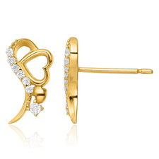 14K Solid Yellow Gold CZ Heart Dangle Earrings