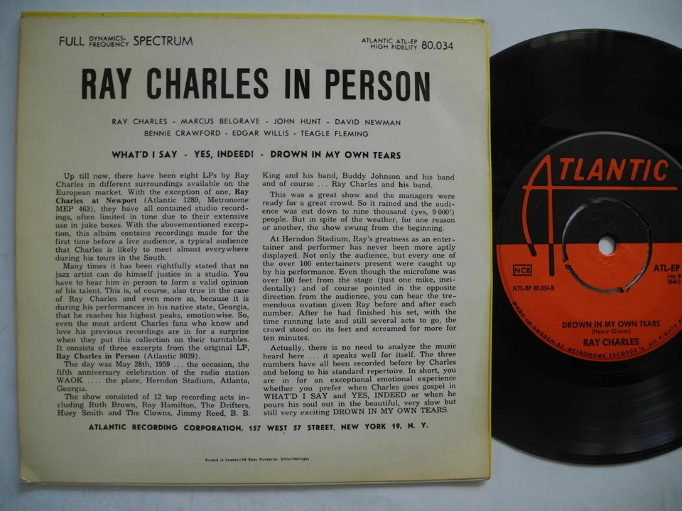 RAY CHARLES In Person EP What'd I Say / Yes Indeed! + 1 45 7" 1963 Sweden VG+ - Image 2 of 2