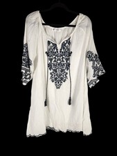 Urban Mangoz Womens Long Tunic Top Embroidered White/Navy Soft Boho Beach XL