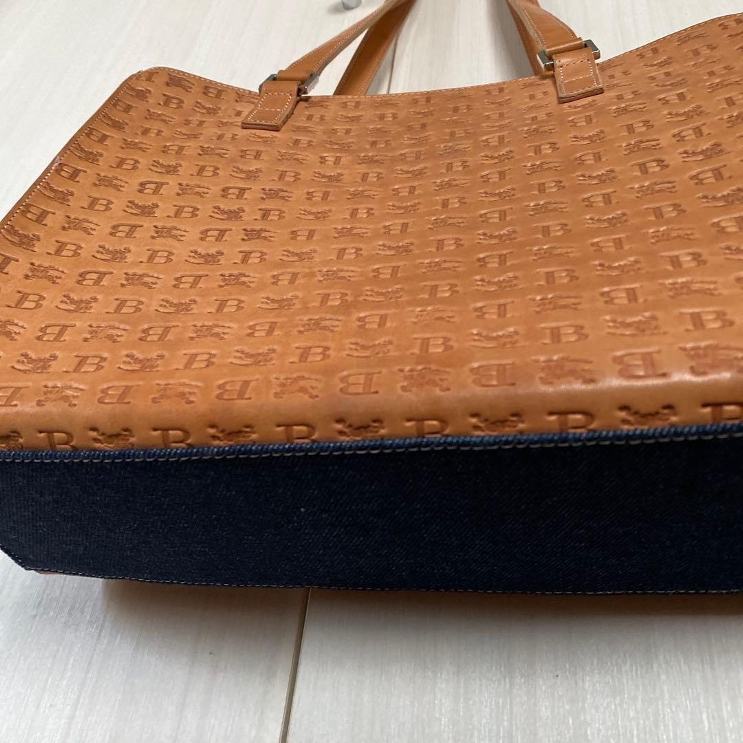Burberry Blue Label Tote Bag Leather Denim Logo Embossed Handbag Black New thumbnail 22