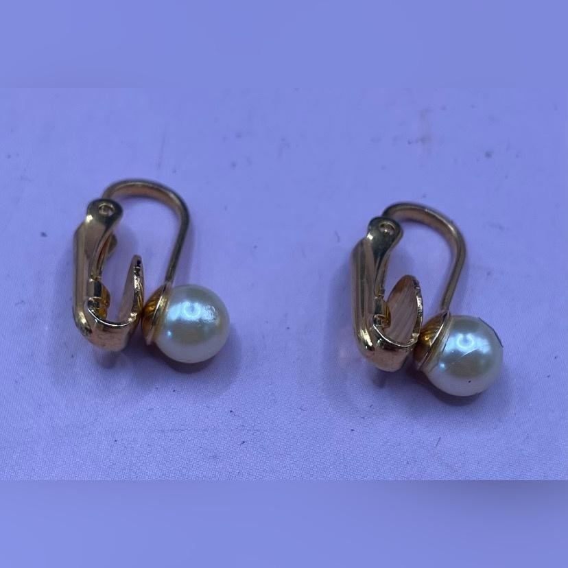 Gold Tone Faux Pearl Clip On Earrings Small Dainty Classic Dressy Jewelry