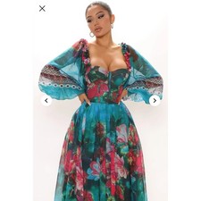Fashion Nova Floral Print Corset Maxi Dress Long Sleeve Square Neck Teal Pink XS