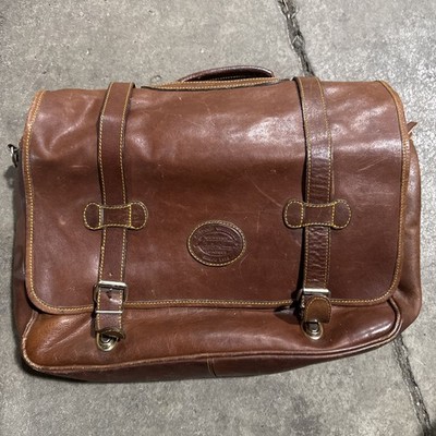 E1 Vintage EDDIE BAUER Brown Leather Briefcase Messenger Bag Ripped Strap Loop