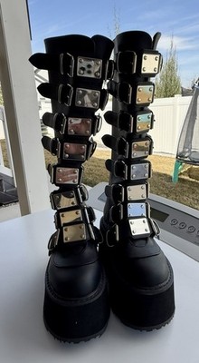 Demonia  Swing 815   Black Platform knee high Boots with Metal Plates & Buckles