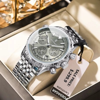 42MM POEDAGAR Men's Quartz Watch Date Luxury 30M Waterproof Leather Luminous NEW