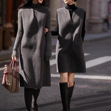 Winter Womens Wool Sleeveless OL Vest Dress Mid Long Winter Formal A-Line Dress