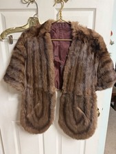 Vintage 50s Mink Fur Wrap Stole Lined Pockets Brown Striped 42w Cape 30L