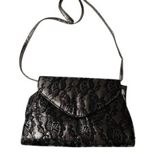Neiman Marcus Metallic Pewter Black Lace Evening Clutch Shoulder Bag Crossbody
