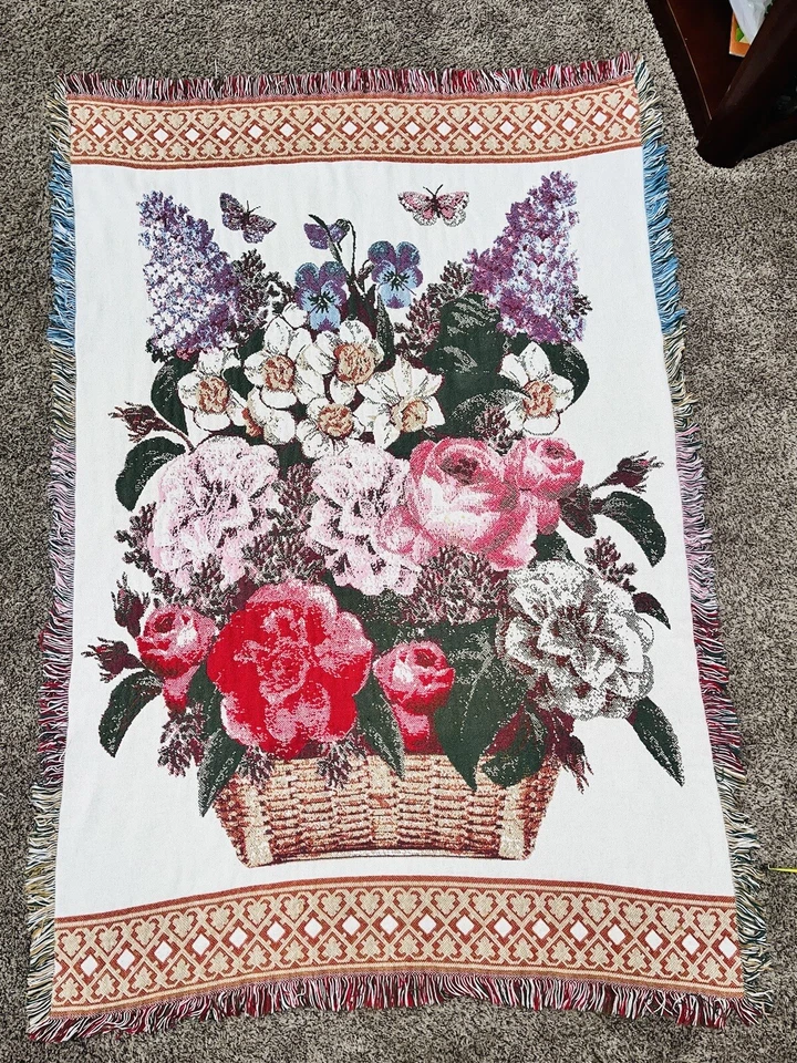 Vintage FRENCH WALL TAPESTRY FLOWER BASKET 50" x 69" Vibrant Colors Butterflies - Image 2 of 4