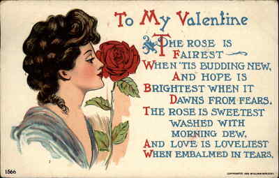 Valentine Pretty Woman Smells Rose Poem c1900s-20s Postcard