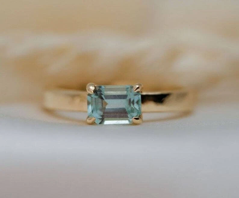 Natürlicher Smaragd Schliff Aquamarin Verlobungsring 10k Gelbgold Ring - Bild 3 von 4