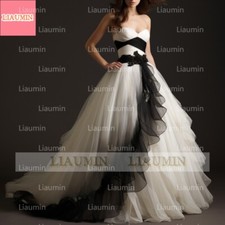 White and Black Strapless Ball Gown Lace Up Back Wedding Occasion Formal Dress