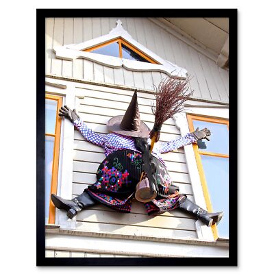Witch Halloween House Crash Window 12X16 Inch Framed Art Print