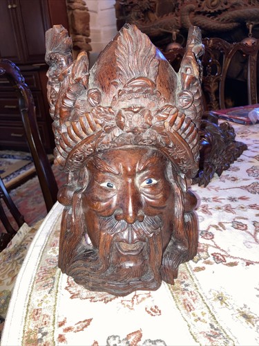 Antica maschera viso asiatico legno pesante intagliato da parete maschio barba figurativa - Foto 10 di 12