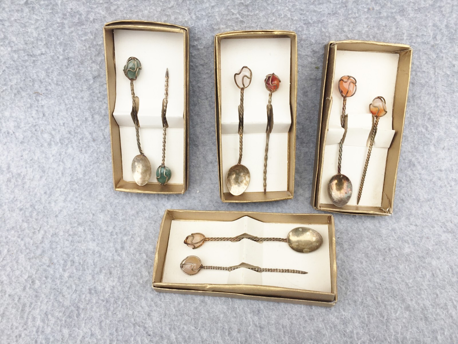 Sterling Silver Spoon/ Food Pick Set 4 Box Lot Agate Gemstone H Stern