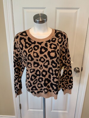 BCBG Max Azria Tan & Black Leopard Knit Crew Neck Sweater, Size Small