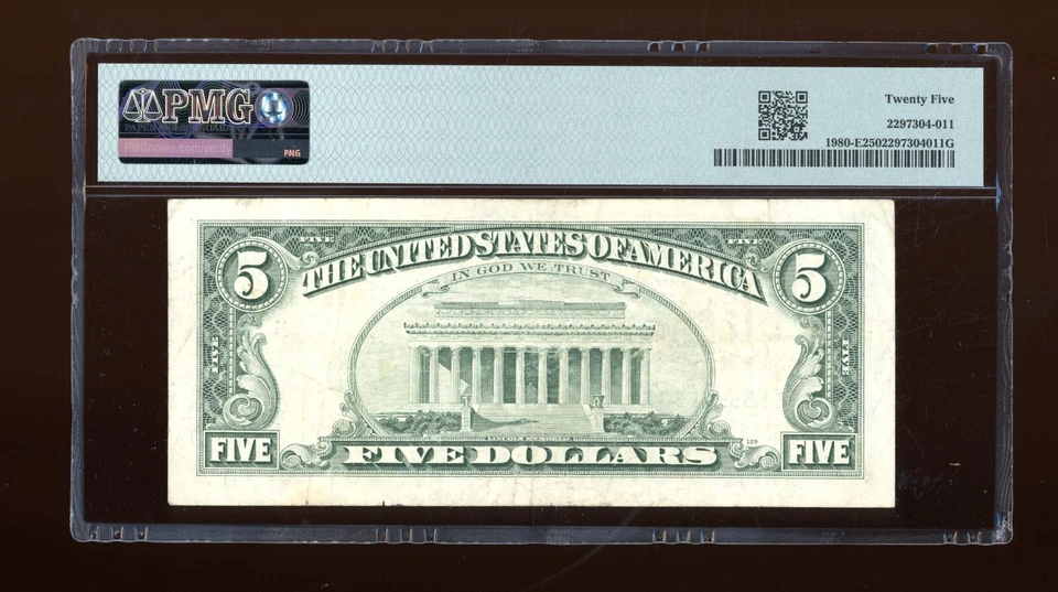 DBR 1988-A $5 Richmond Fr. 1980-E PMG 25 Seven 5s! Binary Serial E55555553E - Image 2 of 2