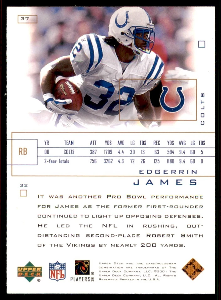 2001 Upper Deck Pros & Prospects #37 Edgerrin James Indianapolis Colts - Image 2 of 2