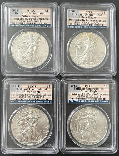 Four (4) American Silver Eagles PCGS BU 2008, 2009, 2011, 2012