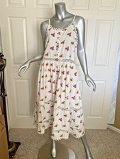 Womans Farm Rio White Linen Blend Mixed Cross Stitch Flowers Midi Dress L