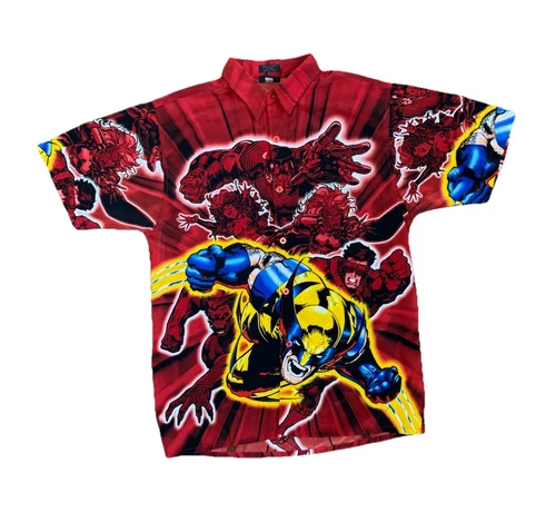VTG 2002 Marvel Wolverine X-Men AOP Button Down Shirt Men’s L Y2K Comics