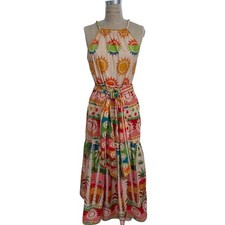 NEW Farm Rio Rainbow Sunset Halter Maxi Bow Dress Size M Cotton Crochet Trim