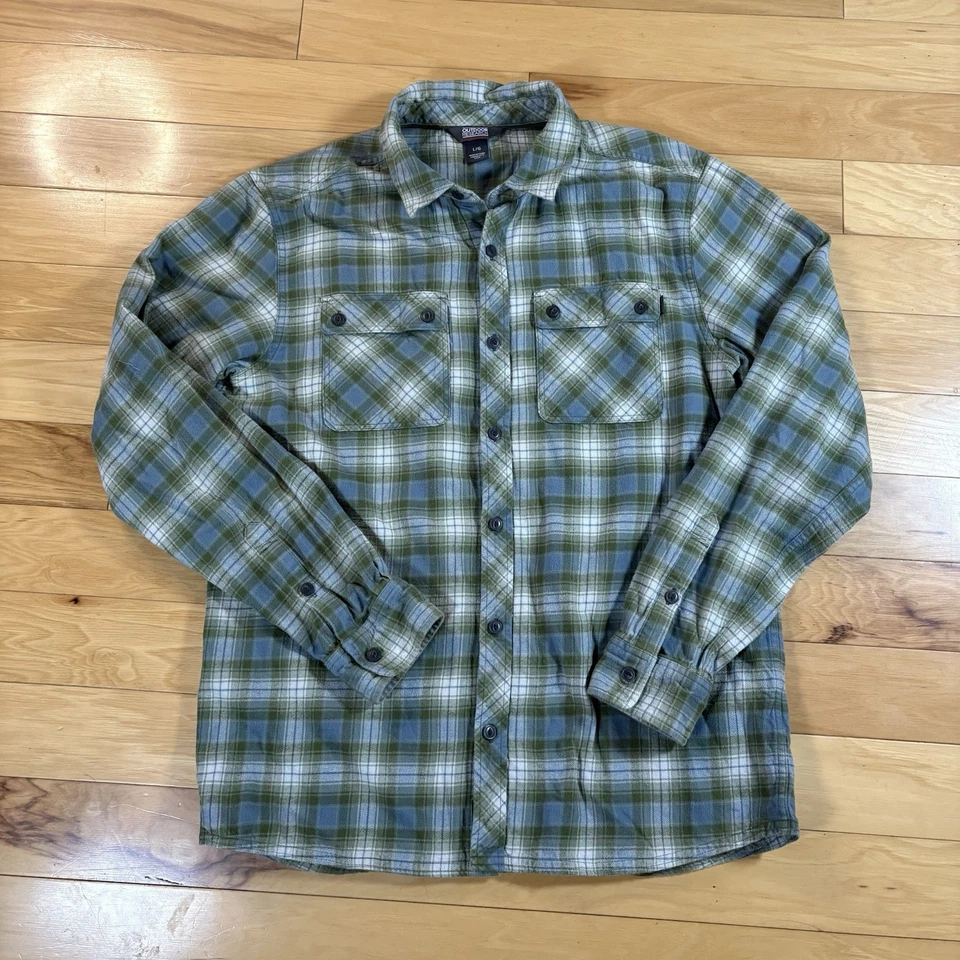 Outdoor Research Crony Flannel Button Up Shirt Mens Sz L Green Blue Plaid - Image 3 of 4