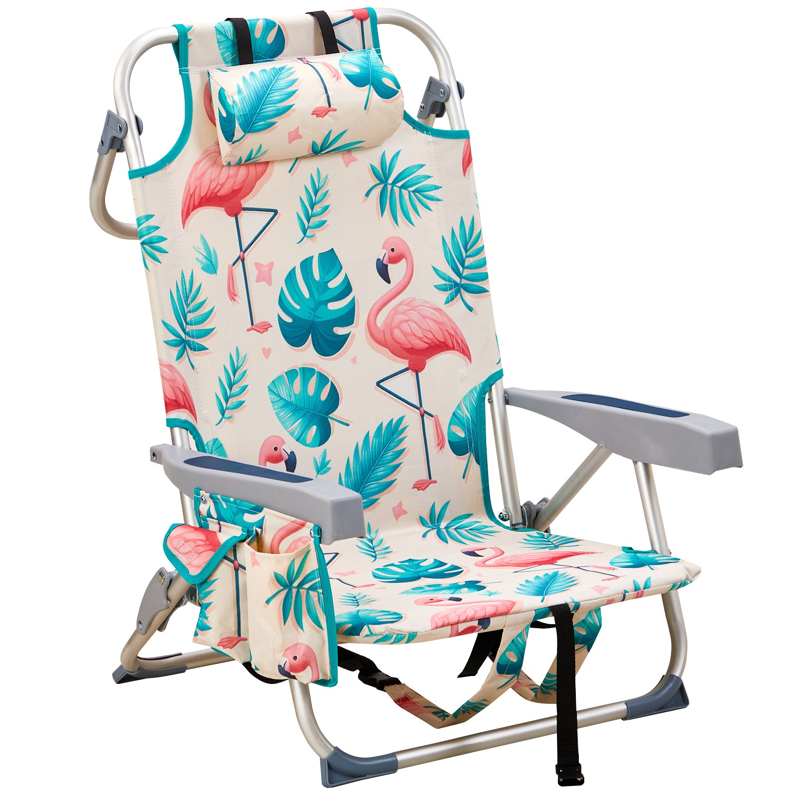 Backpack Beach Camping Chair Folding Heavy Duty, Aluminum, Cup Holder Multicolor