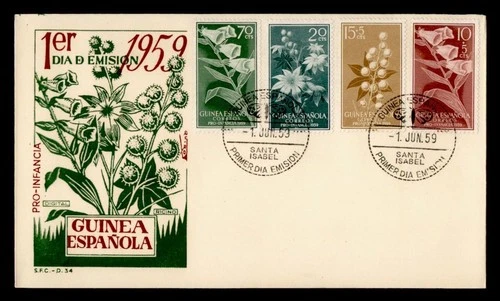 DR WHO 1959 SPANISH GUINEA FDC FLOWER SEMI POST PRO INFANCIA COMBO M76545