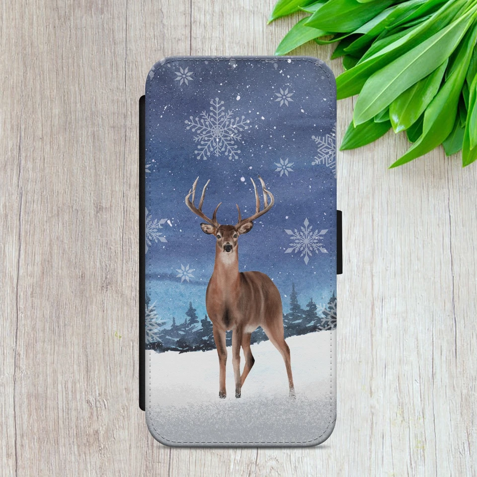 REINDEER FLIP CASE FOR IPHONE SAMSUNG GOOGLE WINTER SNOW GIFT WALLET PHONE COVER - Image 2 of 4