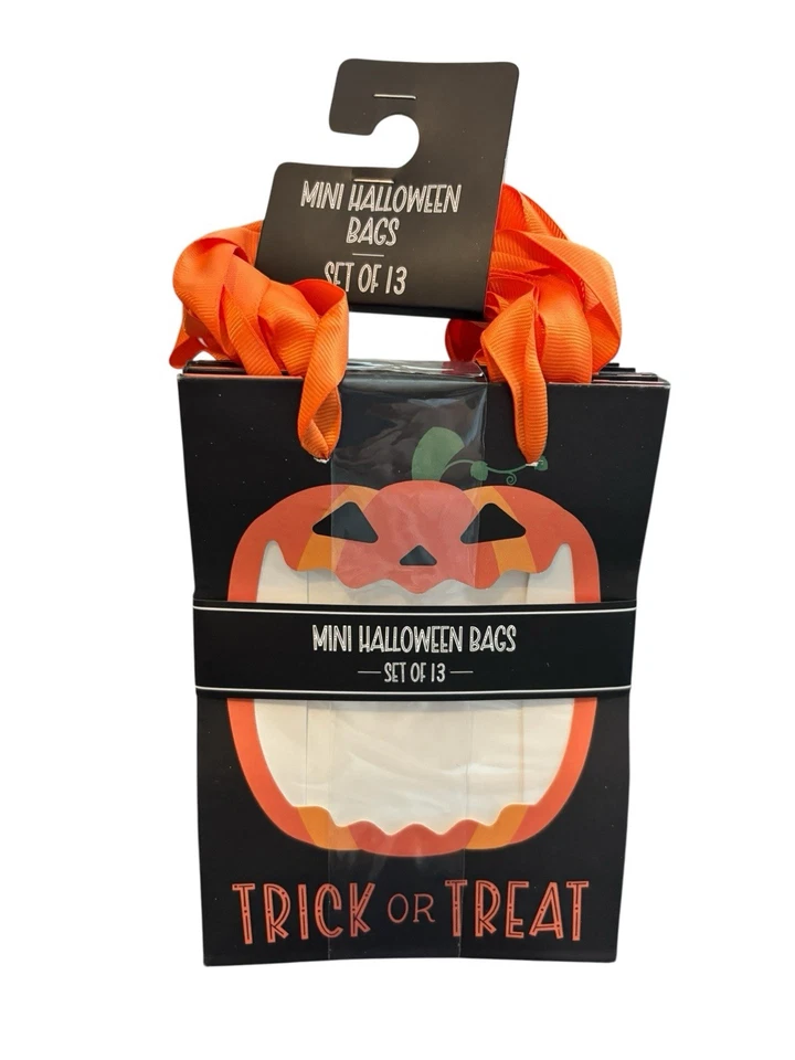 2 New luxe HALLOWEEN TREAT BAGS pumpkins SETS of 13 7x5x2.5 Ribbon handles PG-5 - Image 4 of 4