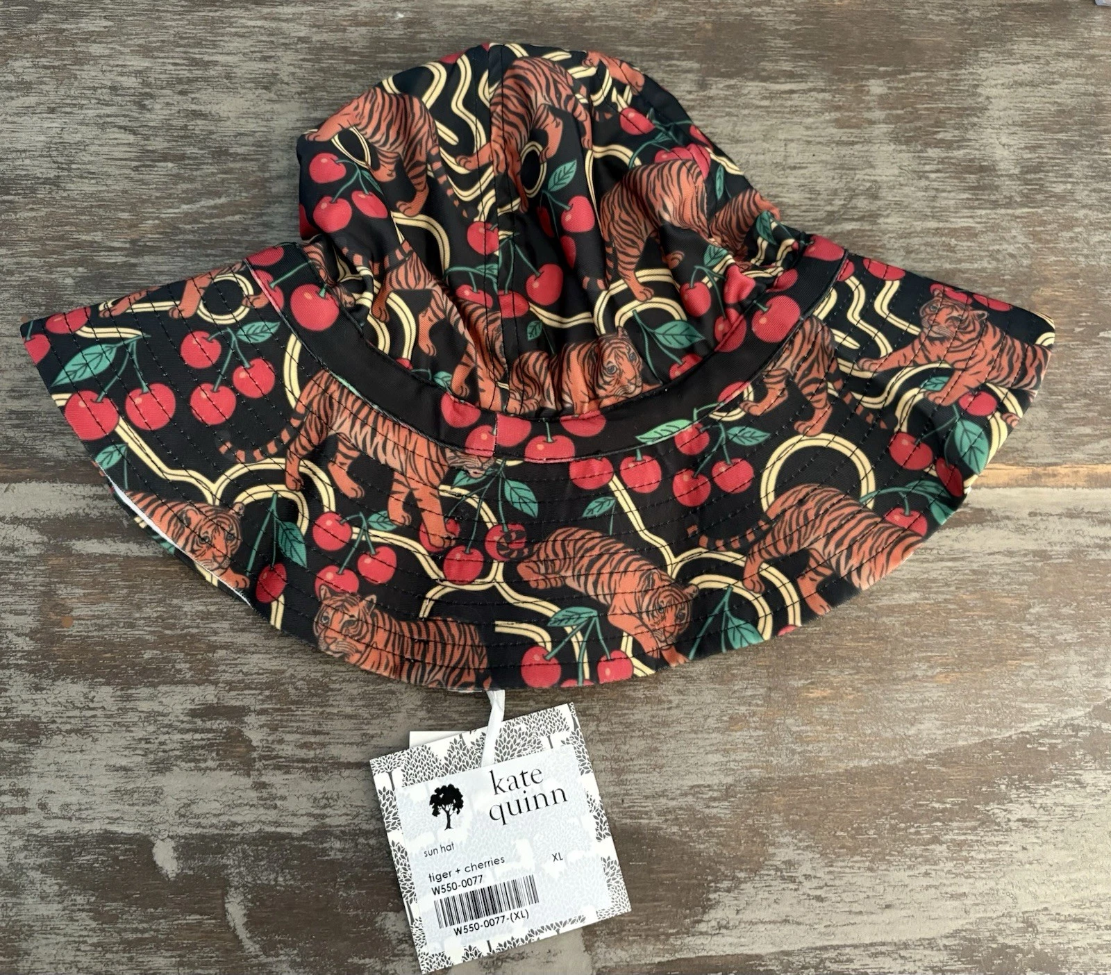 Kate Quinn-Retro Tiger-Cherries-Swimsuit Material Sun hat-Bucket-Toddler XL NEW