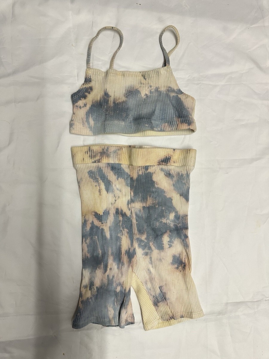 Asos Emery Park Cream Blue Tie Dye Crop Top Cycling Shorts Fitted Co Ord Set