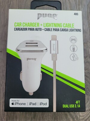 PUGS Dual Car Charger Lightning 4ft Tangle Resistant Cable USB iPhone iPad  iPod