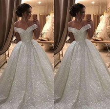 Shiny Wedding Dress Off The Shoulder Sweep Train Glitter Bridal Gown White Ivory