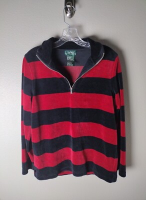 Vintage Lauren Ralph Lauren Red Black Velour Rugby Stripe