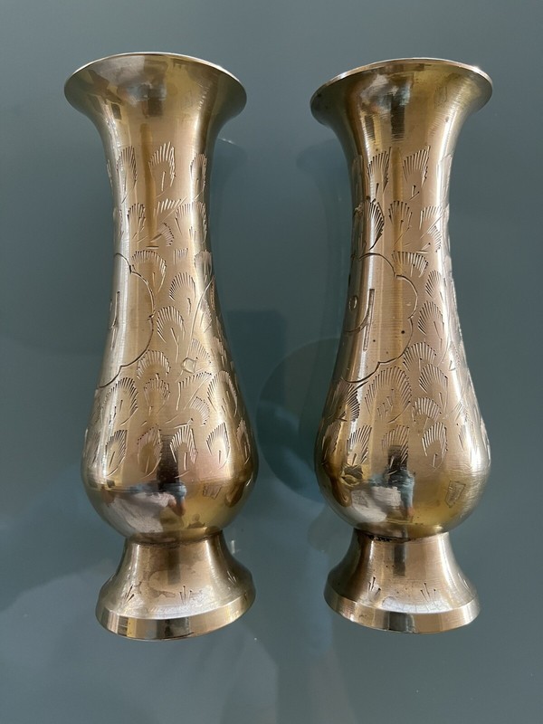2 Vintage Indian Solid Brass Bud Vases Made in India Etched Flowers 🌺 6" Tall